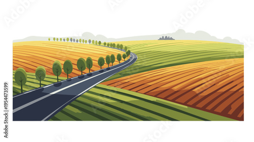 A winding road cuts through a vibrant landscape of rolling hills and farmland under a cloudy sky.