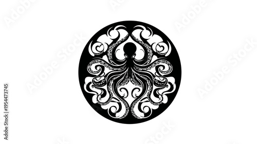 An intricate black octopus silhouette inside a decorative circular frame