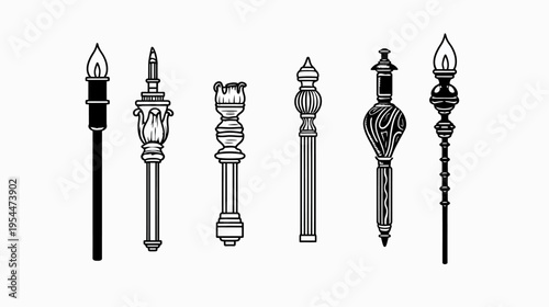 Seven unique torch designs are showcased in stark black and white with varying shapes