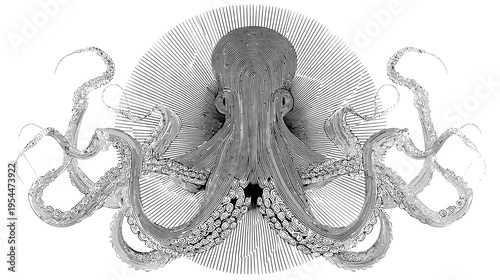 Detailed octopus illustration with radial lines in black and white, vintage drawing