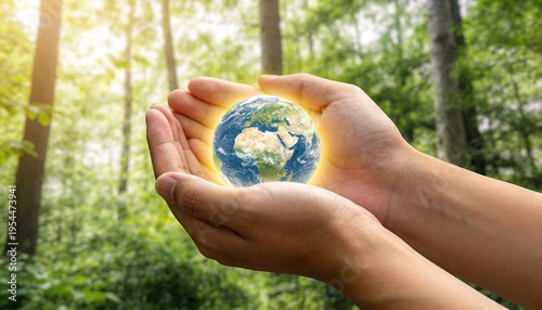 Gentle hands cradle a glowing Earth globe, symbolizing environmental protection and care, set against a lush, sun-dappled forest background with warm golden light