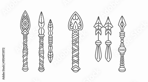 Line art of various spear and arrow designs, featuring geometric and tribal motifs
