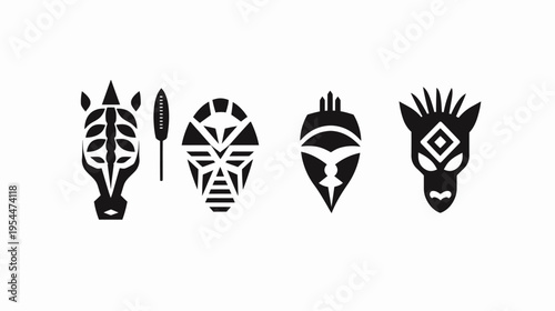 Graphic icons depict tribal masks, a zebra, & spear in black on a white backdrop