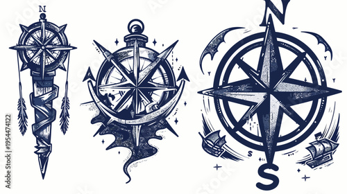 Three blue and white compass rose designs showcase varied artistic styles on a white background