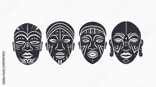 Four dark-colored masks with unique patterns arranged in a horizontal line