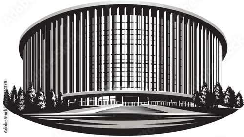 Black and white illustration of a grand building with many columns