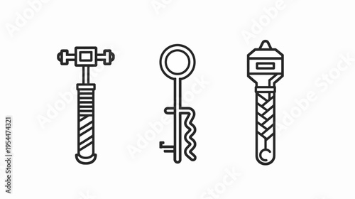 Three stylized, black-outlined implements shown isolated on a white background