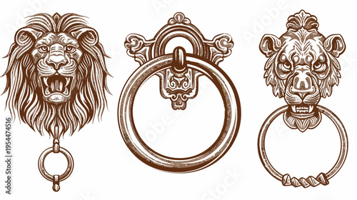 Brown sketch of three door knockers with lion heads and ornate ring pulls on white