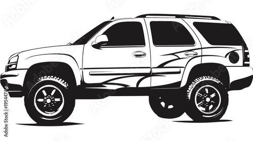 Black-and-white drawing of an SUV, side view, with stylized graphics on doors and fenders