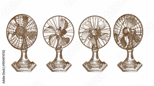 Vintage, textured illustration of four oscillating electric fans on decorative bases