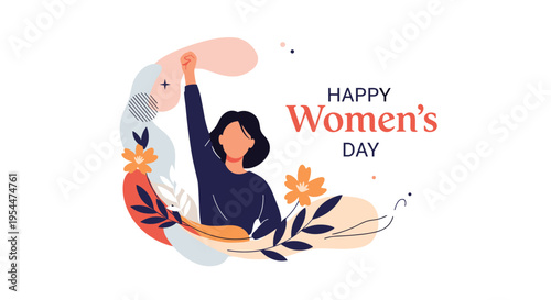 Empowering International Women's Day illustration with a woman raising her fist surrounded by flowers and abstract shapes.