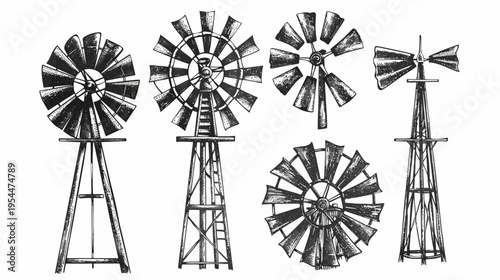 Sketch of assorted rural windmills, with unique styles, on a white background