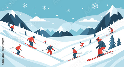 Beautiful winter landscape of a ski resort with many people skiing down snowy mountain slopes under a blue sky with snowflakes falling.