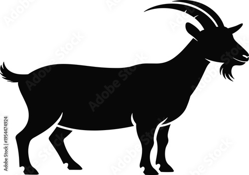 Black silhouette of a goat with horns standing isolated on white background for farm animal logo agriculture cattle ranch and zodiac sign design concepts