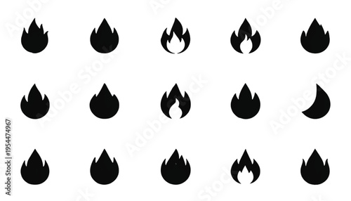 Fifteen black flame icons display various stylized shapes representing heat, ignition, and burning energy on.