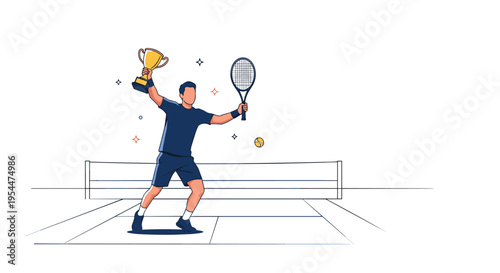 Victorious tennis player proudly raising a gold trophy while holding a racket on a court after winning a competitive tournament match.