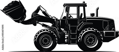 PrintSilhouette front end loader construction equipment, heavy machinery illustration, industrial engineering concept, material transport art