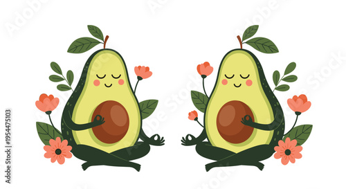 Two cute avocado characters practicing yoga in a seated lotus pose surrounded by pink flowers for a healthy lifestyle concept.