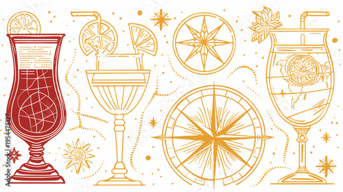 Illustrated cocktails with compasses, line art style on white
