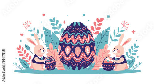 Festive Easter scene featuring two pink rabbits holding baskets next to a large ornate egg decorated with patterns and floral leaves.