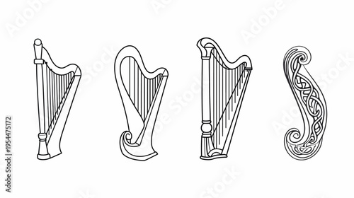 Four line-art harps, differing in design, stand against a stark white background