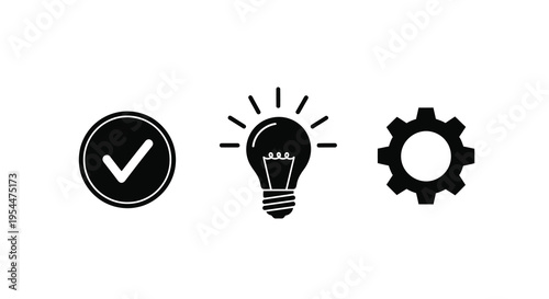 Checkmark lightbulb and gear icons presented as a dark silhouette
