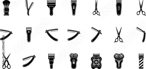 Barber tools icon set featuring scissors, clippers, razors and shaving accessories in clean black silhouette grooming collection illustration