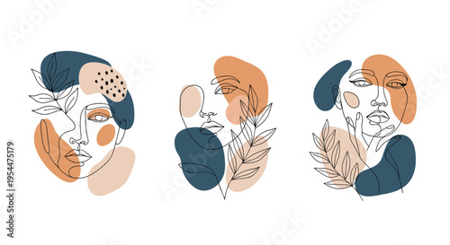 Set of three minimalist line art drawings of female faces combined with abstract earthy shapes and delicate leafy branches.