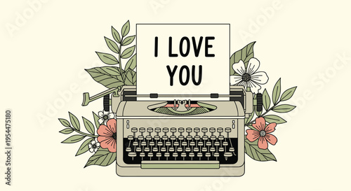 Vintage typewriter with a sheet of paper that says i love you surrounded by pink flowers and green leaves on a cream background.