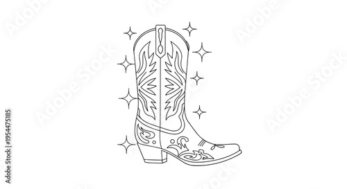 Simple black and white line art drawing of a classic cowboy boot with decorative stitching and sparkling stars around it on white.