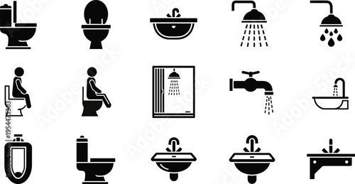 Bathroom icons set including toilet, sink, shower, faucet and hygiene elements in clean black silhouette vector illustration