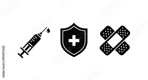 Medical icons depicting syringe shield and bandage in black silhouette
