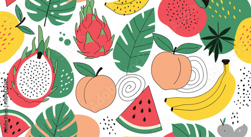 Colorful seamless pattern featuring various tropical fruits like dragon fruit bananas watermelon and peaches mixed with green leaves.
