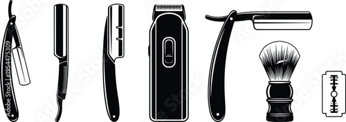 Barbershop tools collection featuring straight razors, electric clipper, shaving brush and blades in vintage style grooming equipment illustration