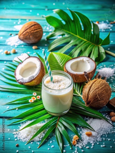 Tropical coconut smoothie on turquoise background with lush green leaves and a sprinkle of shredded coconut