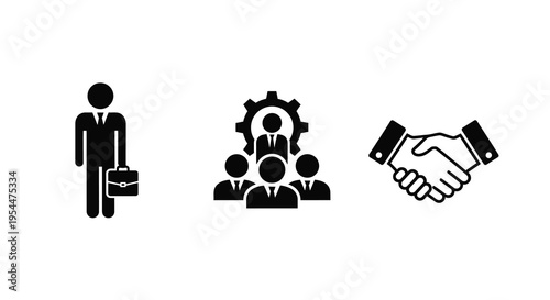 Business icons depicting people gears and a handshake silhouette