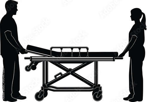 PrintSilhouette medical staff with stretcher, emergency patient transport illustration, healthcare teamwork concept, hospital equipment design