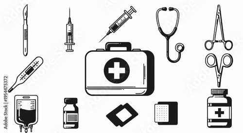 Flat Design First Aid Kit and Medical Healthcare Essentials