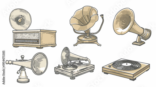 Six vintage gramophones in sketch style with brown and grey tones on a white background