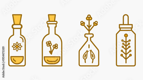 Four brown-lined tincture bottles with different plants inside, on a white background