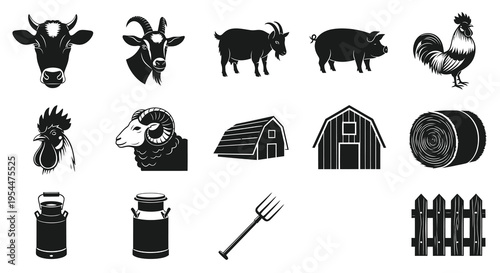 Farm Animals and Agriculture Livestock Silhouette Set