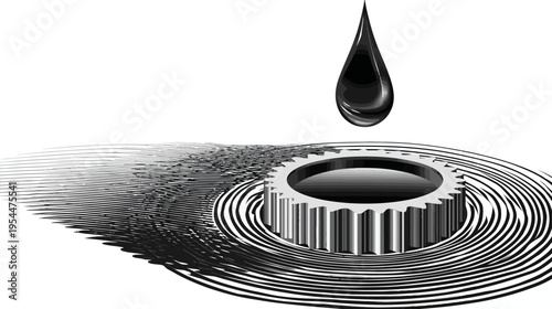 Isolated gear, rendered in black and white, with a suspended oil drop above