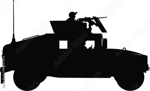PrintSilhouette military vehicle Humvee armored transport, mounted weapon, gunner turret, war concept, defense security illustration vector