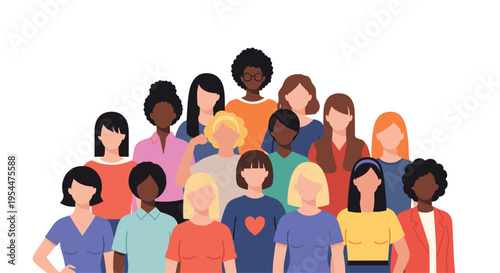 Diverse group of women of different ethnicities and styles standing together representing unity and female empowerment.