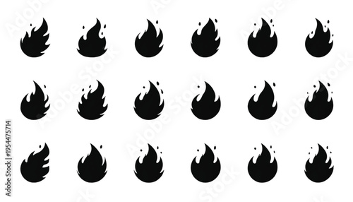 Eighteen solid black stylized flame icons are displayed in three rows showing smooth and slightly textured.
