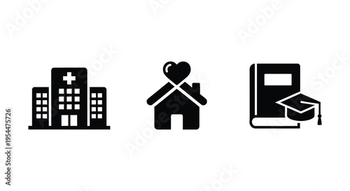 Icons representing healthcare love and education in black silhouette