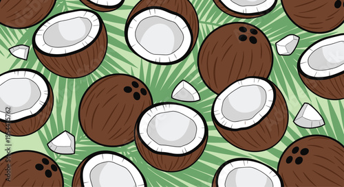 Tropical seamless pattern featuring whole and halved coconuts with green palm leaves on a light green background.
