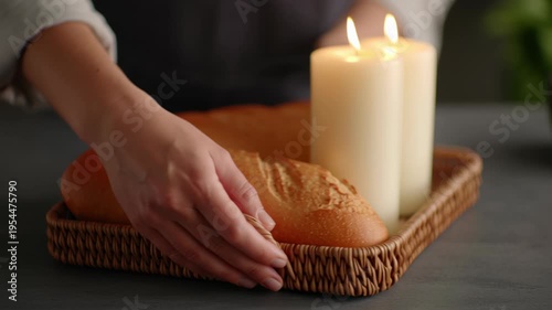 Family event hosting and relation occasion, bread and candles on a tray