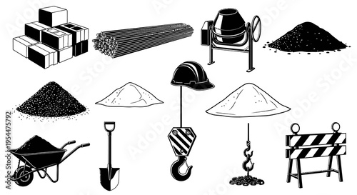 Construction Site Materials and Heavy Equipment Vector