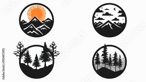 Four black and white circular nature scenes depict mountains, trees, sun, clouds and stars